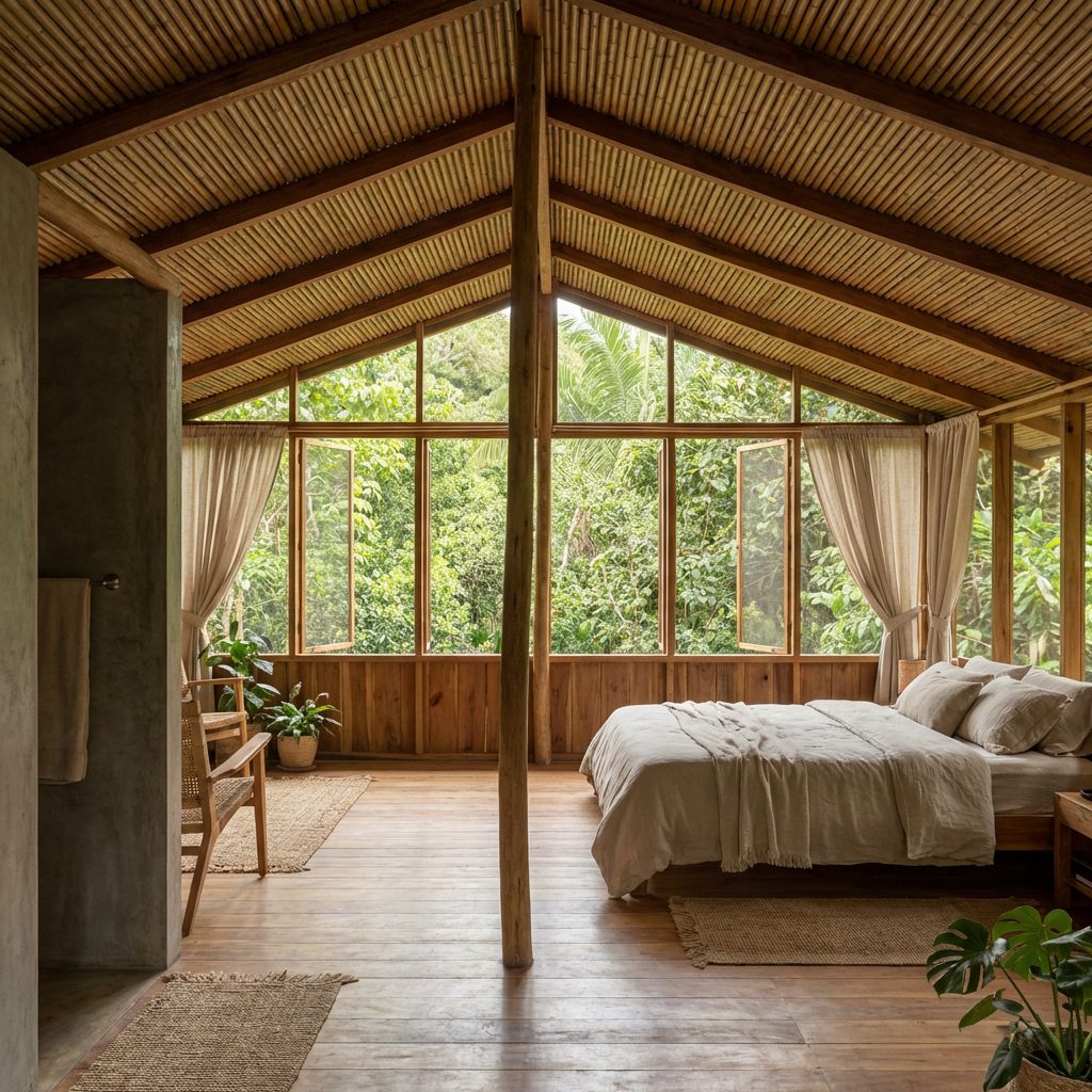 Open-air jungle bedroom with a bamboo ceiling and floor-to-ceiling windows, designed by Bellhost